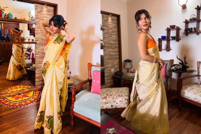 Nidhi in a printed saree