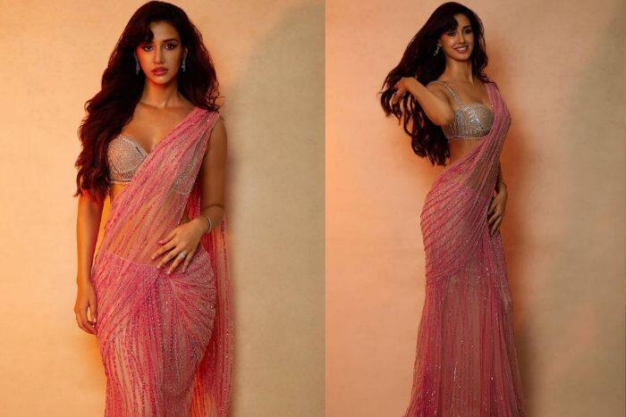 ट्राई करें शिमरी पिंक सीक्वेंस साड़ी