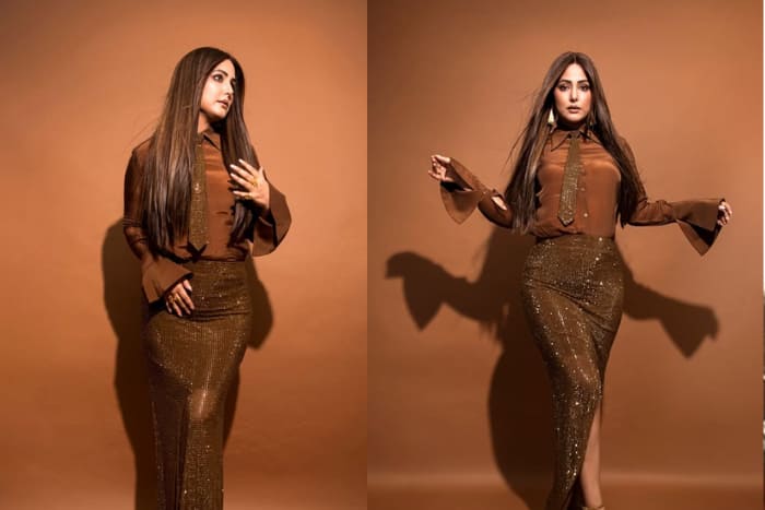 Brown shimmer monochrome look