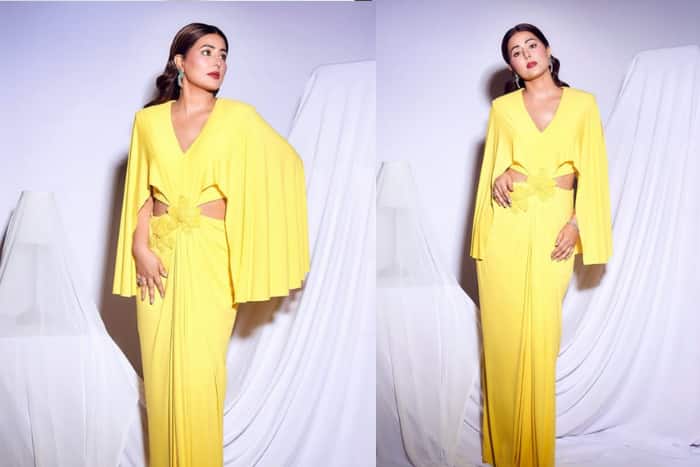 Yellow draped cut-out gown