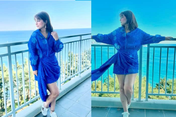 hina khan blue dress HINA KHAN X CRUNK BLUE FLOWER EMBROIDERED MINI DRESS  SHE'LL