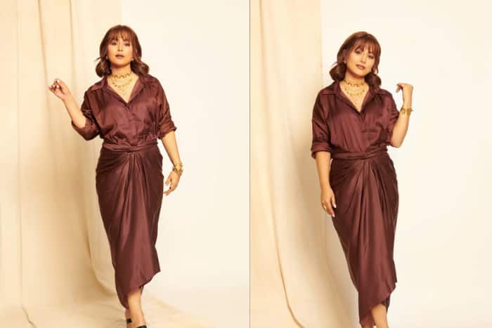 Brown satin draped dress