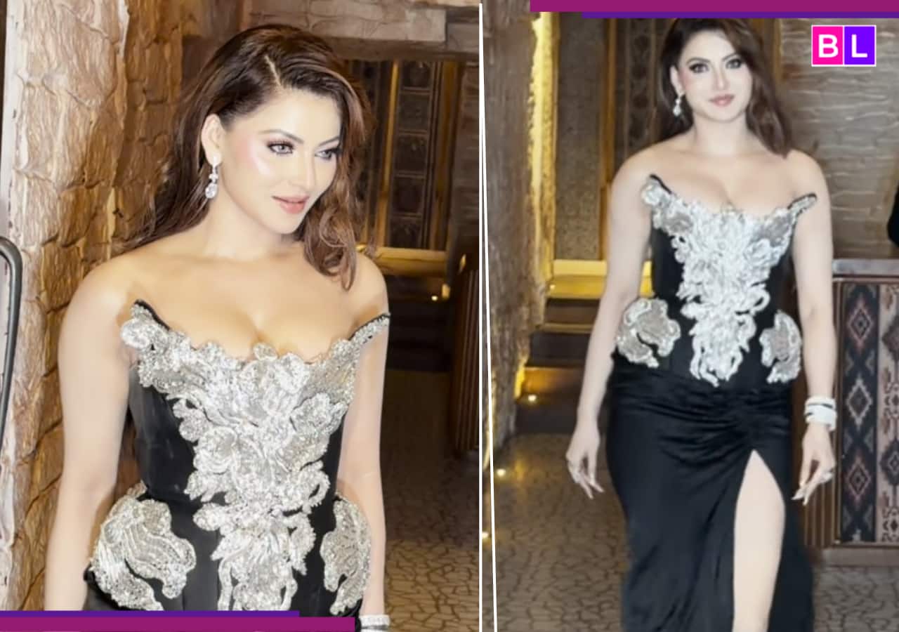 Urvashi Rautela serves pure drama in off-shoulder black robe that includes a daring thigh-high slit